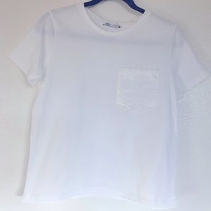 White Zara tee with satin pocket. Size S